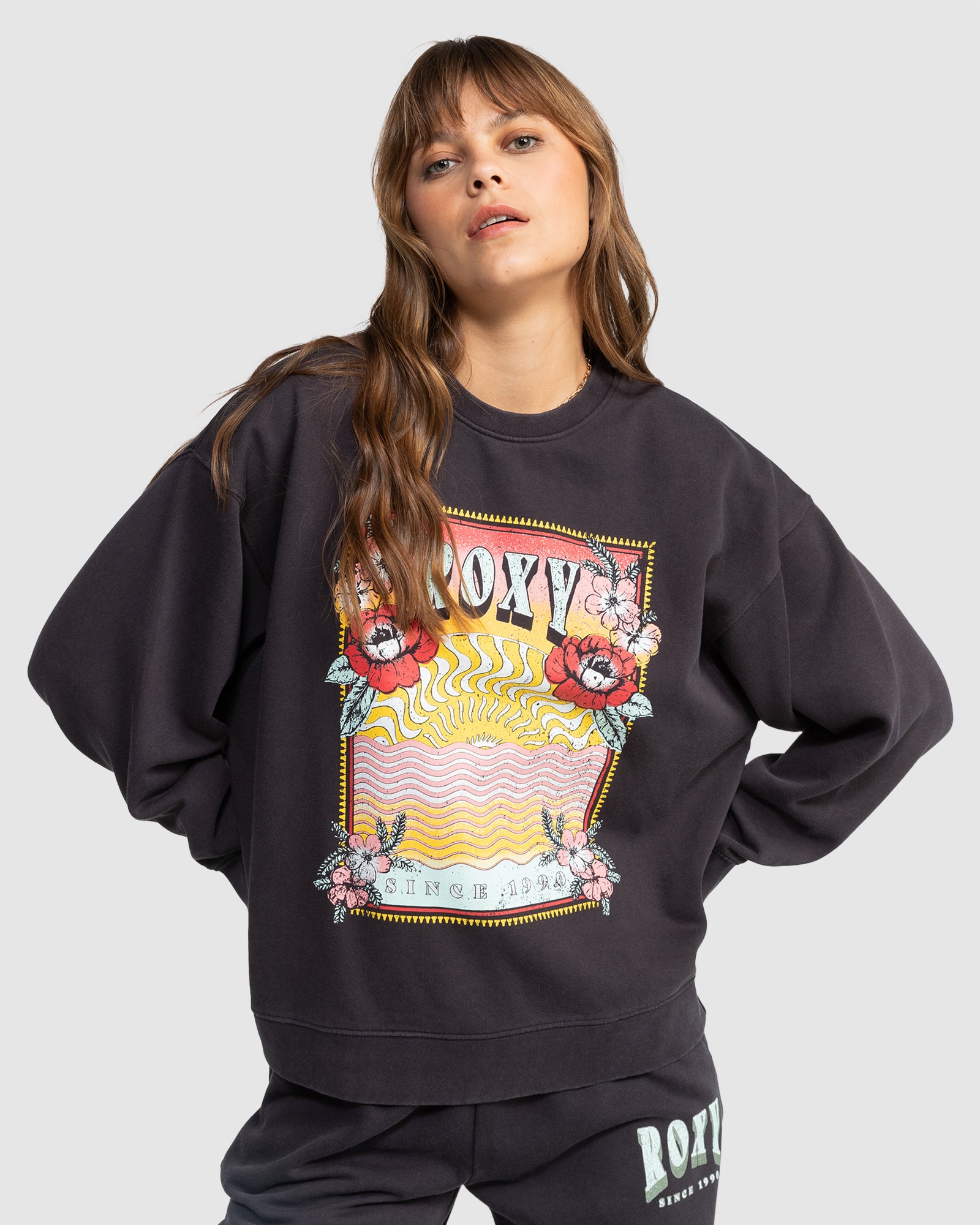 Womens Into The Night Crew Neck Sweatshirt PHANTOM Roxy